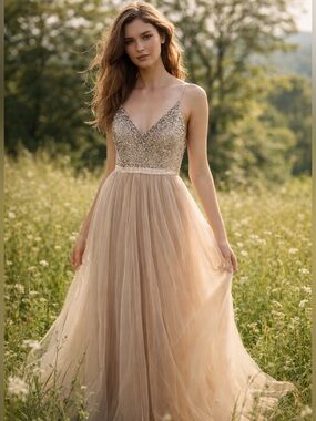 Anthropologie x BHLDN Avery Dress Sz 4 Champagne Tulle Sequin Maxi Prom Formal
